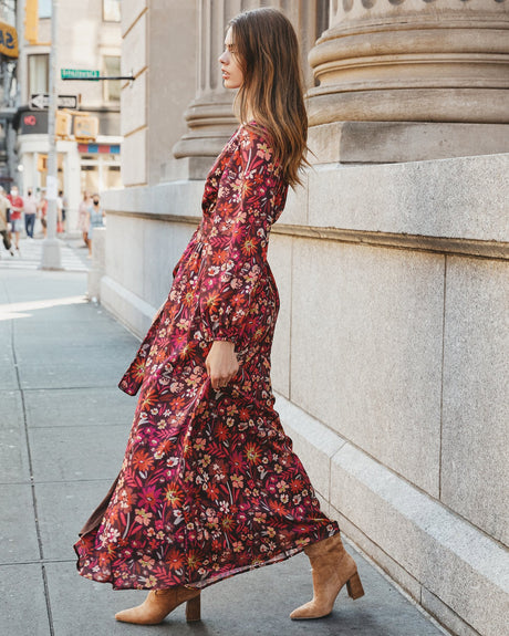 Women's Printed Long Sleeve Kimono Long Dress