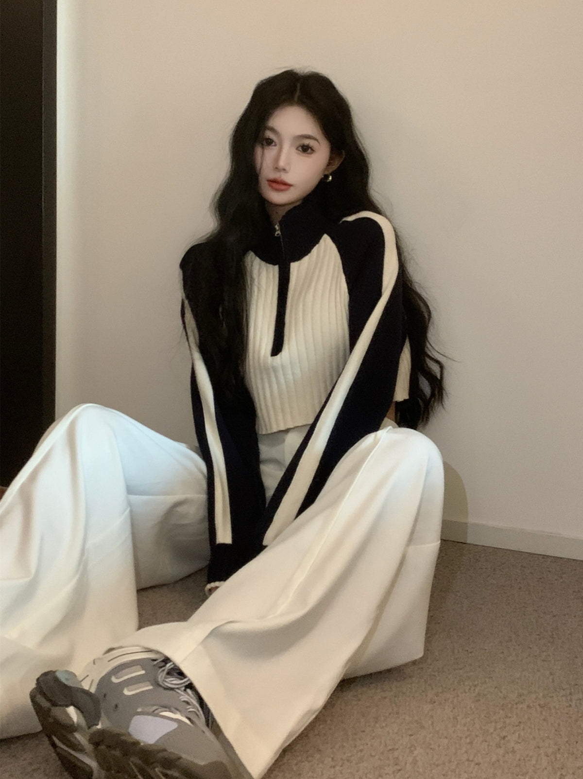 Sweet Cool Korean Style Women's Contrast Color Sweater Autumn And Winter New High Waist Raglan Sleeve Zipper Short Sweater