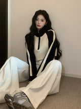 Sweet Cool Korean Style Women's Contrast Color Sweater Autumn And Winter New High Waist Raglan Sleeve Zipper Short Sweater