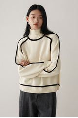 Contrast High Neck Raglan Lantern Sleeve Sweater For Women