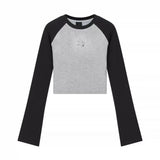 Autumn And Winter Korean Style Sense Of Design Raglan Sleeve Black And Gray Contrast Color Long Sleeves Women