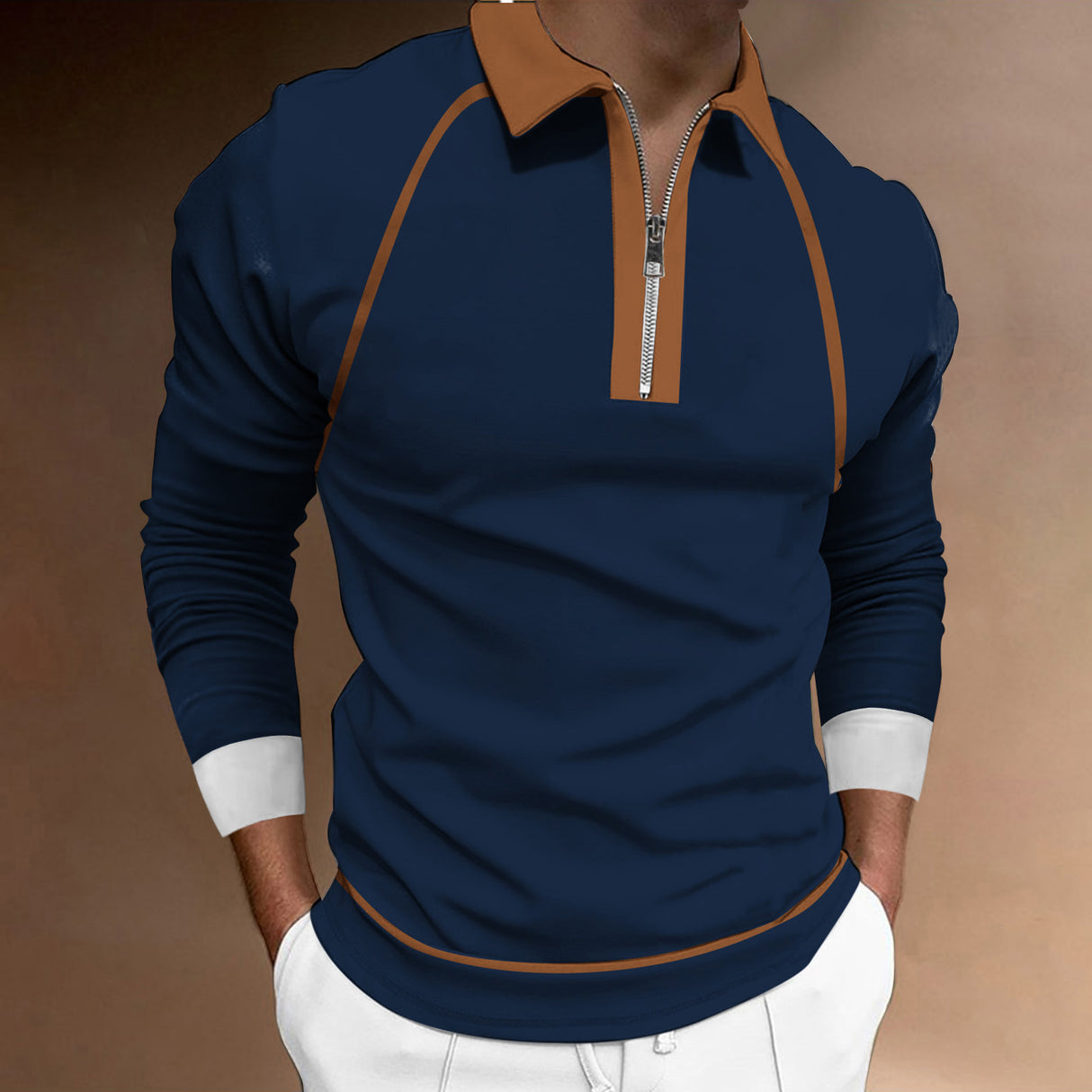 Men's 3D Printed Raglan Zipper And Lapel Long Sleeve