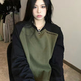Women's American-style Retro Raglan Sleeve Color Contrast Patchwork Round Neck Long Sleeve