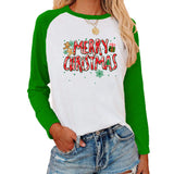 Christmas Pattern Printed Raglan Color Contrast Long Sleeve T-shirt Women