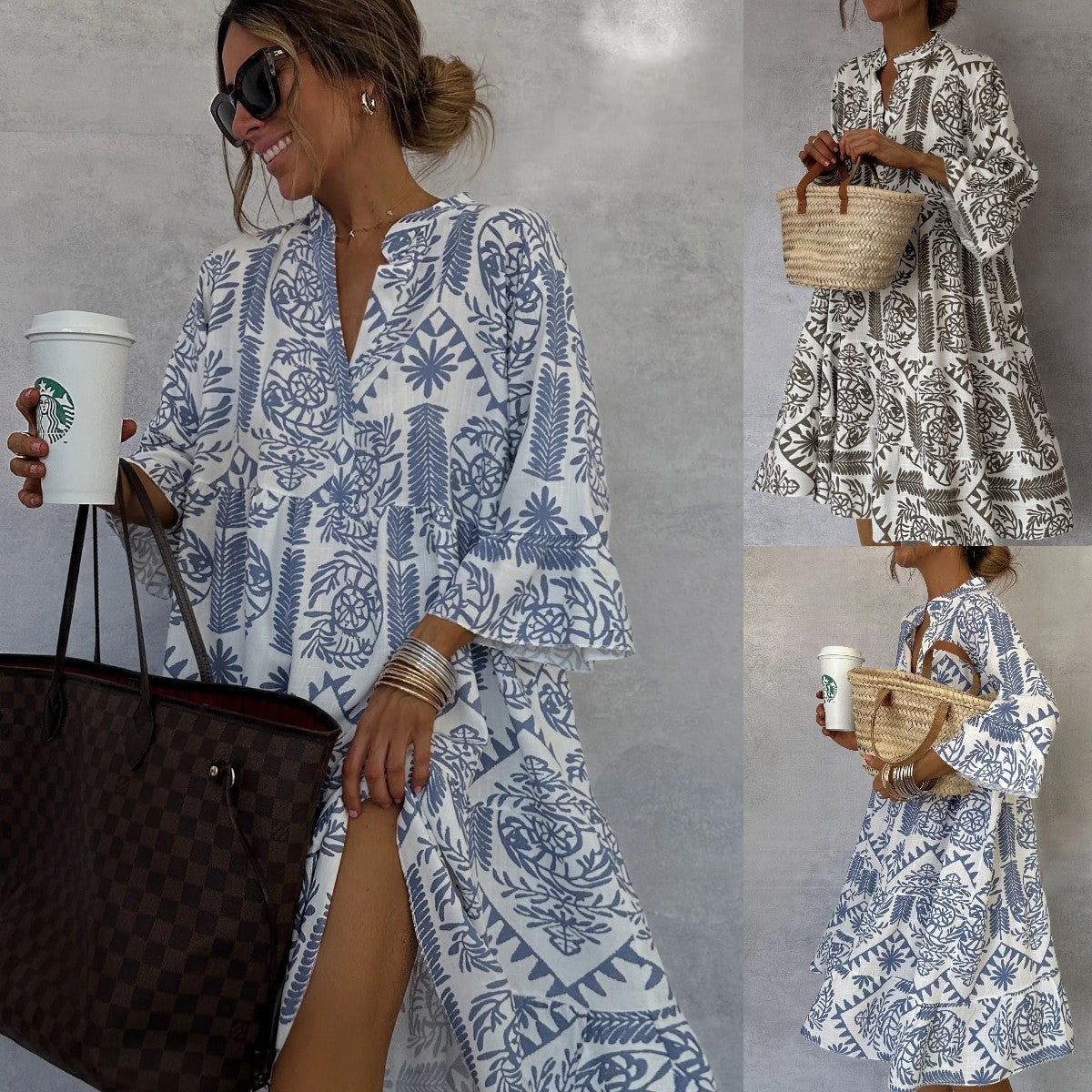 Autumn Casual Print Vacation Loose Dress Women Fashion V-neck Flare Sleeve Elegant Ruffle Shirt Dress Female Vintage Loose Dress