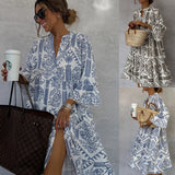 Autumn Casual Print Vacation Loose Dress Women Fashion V-neck Flare Sleeve Elegant Ruffle Shirt Dress Female Vintage Loose Dress