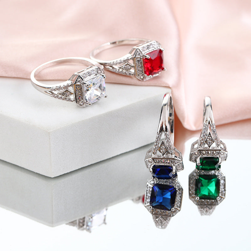 European And American Luxury Temperament Square Gemstone Ring Women