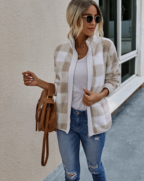 Plaid zipper pocket women plush jacket
