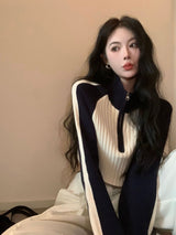 Sweet Cool Korean Style Women's Contrast Color Sweater Autumn And Winter New High Waist Raglan Sleeve Zipper Short Sweater