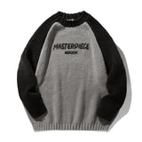 Raglan Sleeve Color Contrast Patchwork Design Sweater Thick Needle Texture American Letters