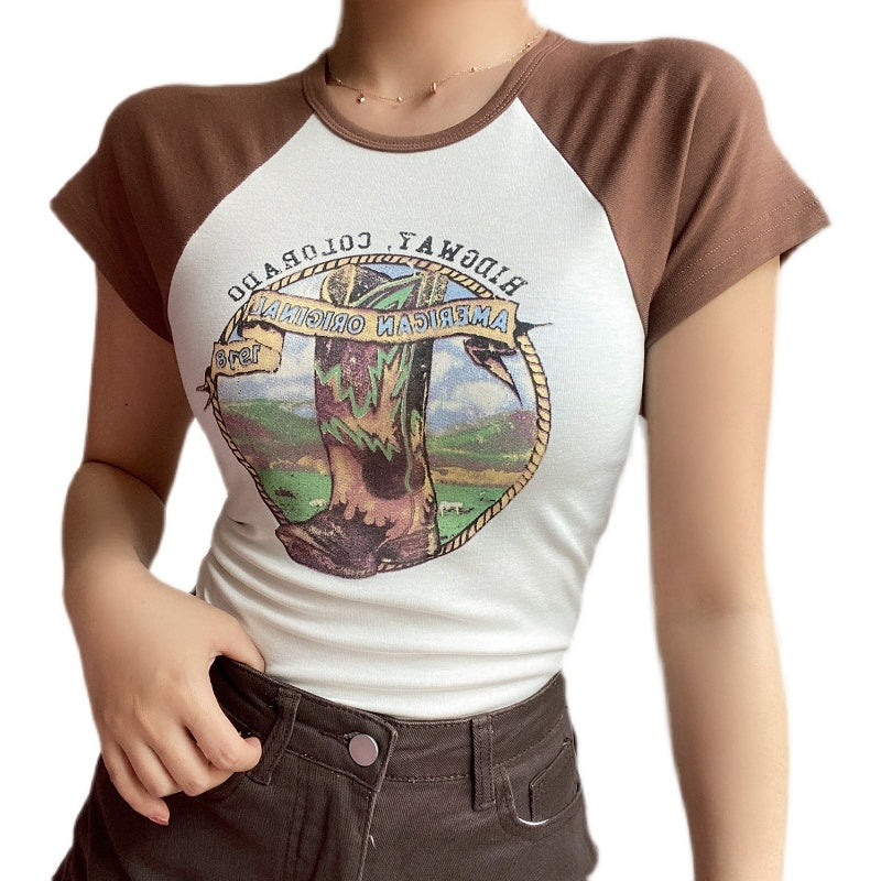Retro Crew Neck Raglan Stitching Letter Print Short-sleeve T-shirt