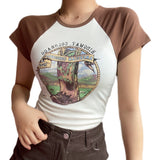 Retro Crew Neck Raglan Stitching Letter Print Short-sleeve T-shirt
