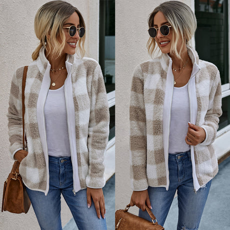 Plaid zipper pocket women plush jacket