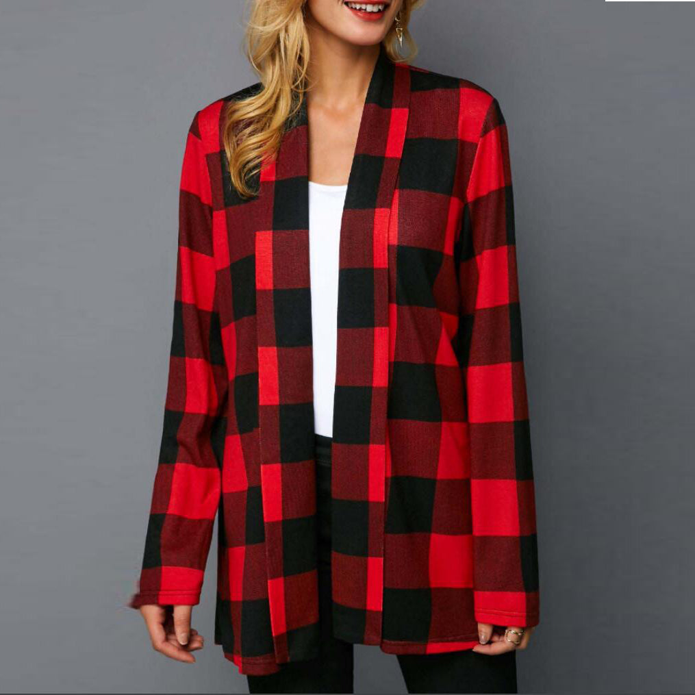 Plaid langærmet cardiganjakke