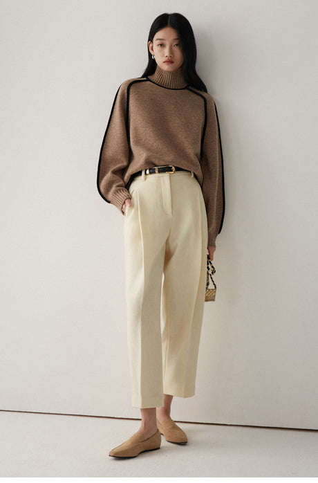 Contrast High Neck Raglan Lantern Sleeve Sweater For Women