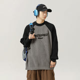 Raglan Sleeve Color Contrast Patchwork Design Sweater Thick Needle Texture American Letters