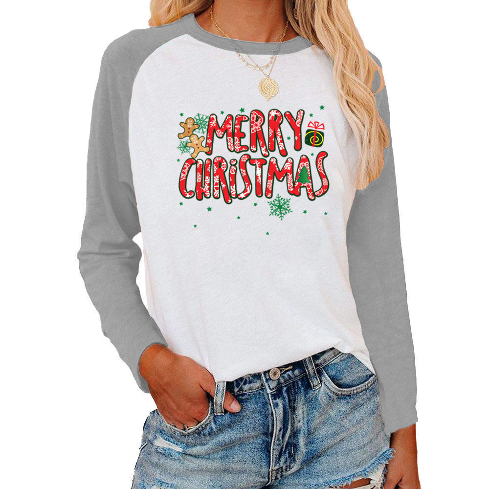 Christmas Pattern Printed Raglan Color Contrast Long Sleeve T-shirt Women