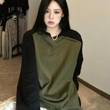 Women's American-style Retro Raglan Sleeve Color Contrast Patchwork Round Neck Long Sleeve