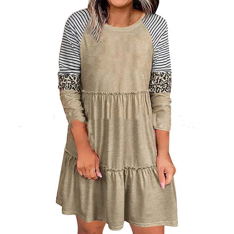 Women's Ruffled Round Neck Pullover Long Sleeve Dress