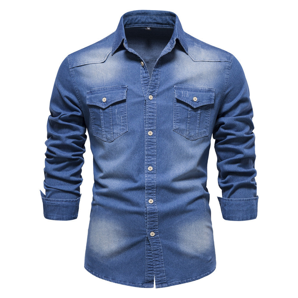 Men's Long-sleeved Denim Shirt Casual Solid Button Slim Tops Clothing