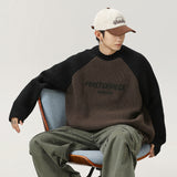 Raglan Sleeve Color Contrast Patchwork Design Sweater Thick Needle Texture American Letters