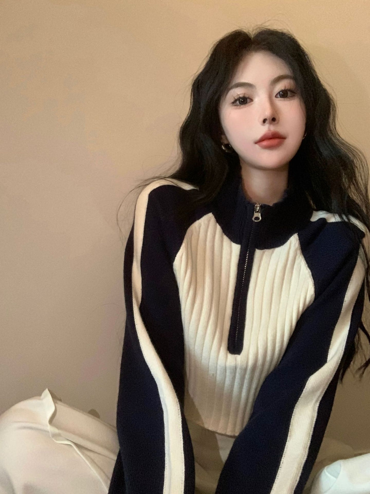 Sweet Cool Korean Style Women's Contrast Color Sweater Autumn And Winter New High Waist Raglan Sleeve Zipper Short Sweater