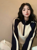 Sweet Cool Korean Style Women's Contrast Color Sweater Autumn And Winter New High Waist Raglan Sleeve Zipper Short Sweater
