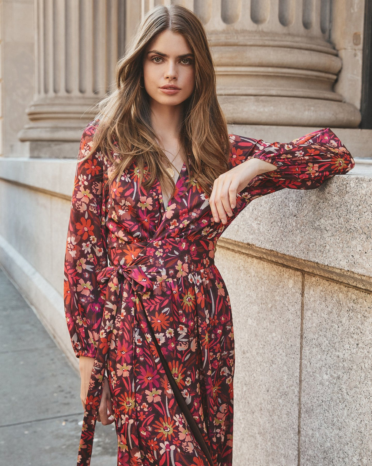 Women's Printed Long Sleeve Kimono Long Dress
