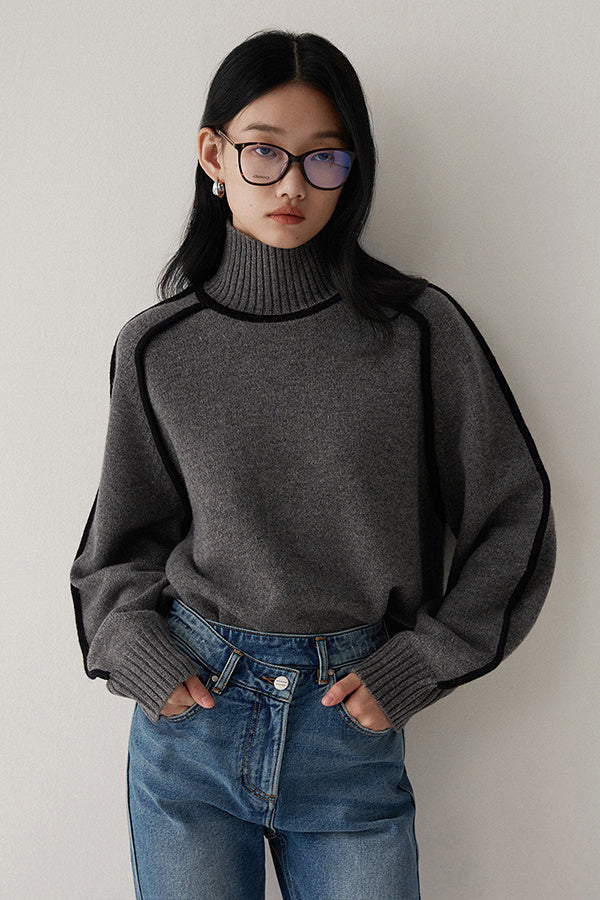 Contrast High Neck Raglan Lantern Sleeve Sweater For Women