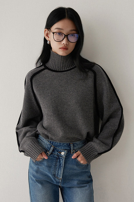 Contrast High Neck Raglan Lantern Sleeve Sweater For Women