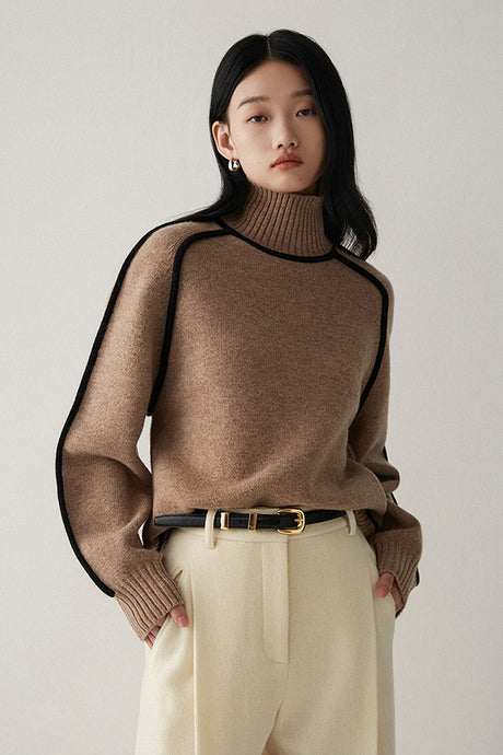 Contrast High Neck Raglan Lantern Sleeve Sweater For Women