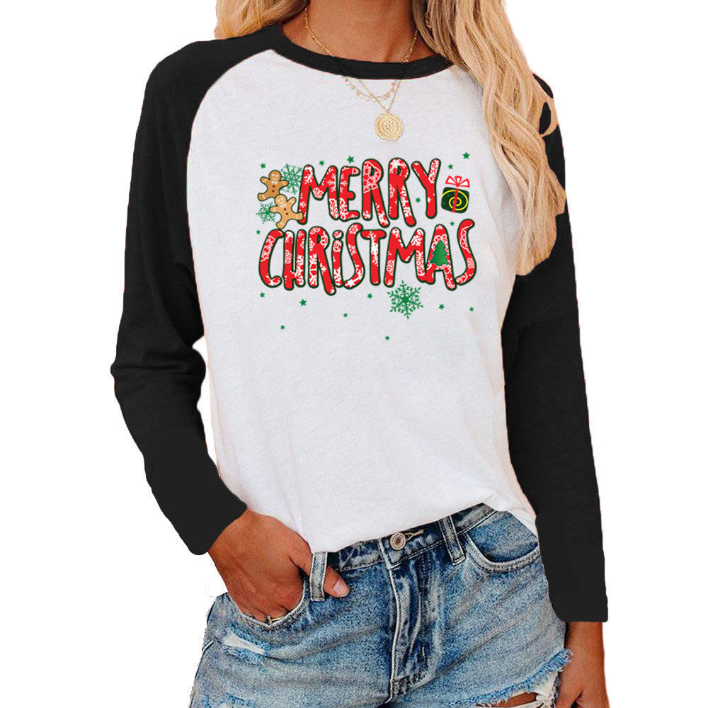 Christmas Pattern Printed Raglan Color Contrast Long Sleeve T-shirt Women