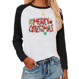 Christmas Pattern Printed Raglan Color Contrast Long Sleeve T-shirt Women