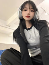Autumn And Winter Korean Style Sense Of Design Raglan Sleeve Black And Gray Contrast Color Long Sleeves Women