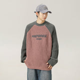 Raglan Sleeve Color Contrast Patchwork Design Sweater Thick Needle Texture American Letters