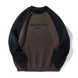 Raglan Sleeve Color Contrast Patchwork Design Sweater Thick Needle Texture American Letters