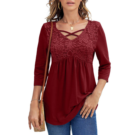 Casual Lace Stitching Women's Cross-strap Three-quarter Sleeve T-shirt