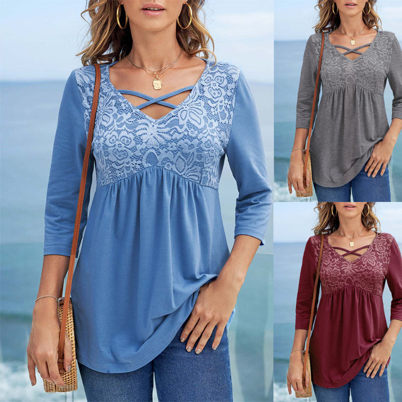 Casual Lace Stitching Women's Cross-strap Three-quarter Sleeve T-shirt