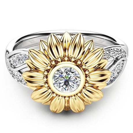 New gold-plated couple ring sunflower flower color separation zircon ring