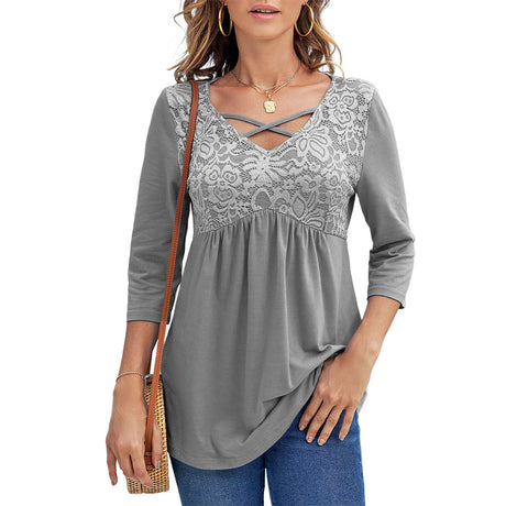 Casual Lace Stitching Women's Cross-strap Three-quarter Sleeve T-shirt
