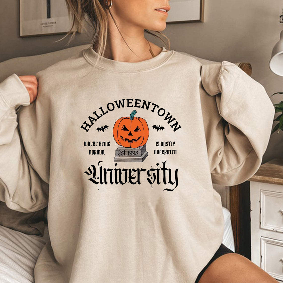 Kvinders Halloween-print græskar sweatshirt med rund hals