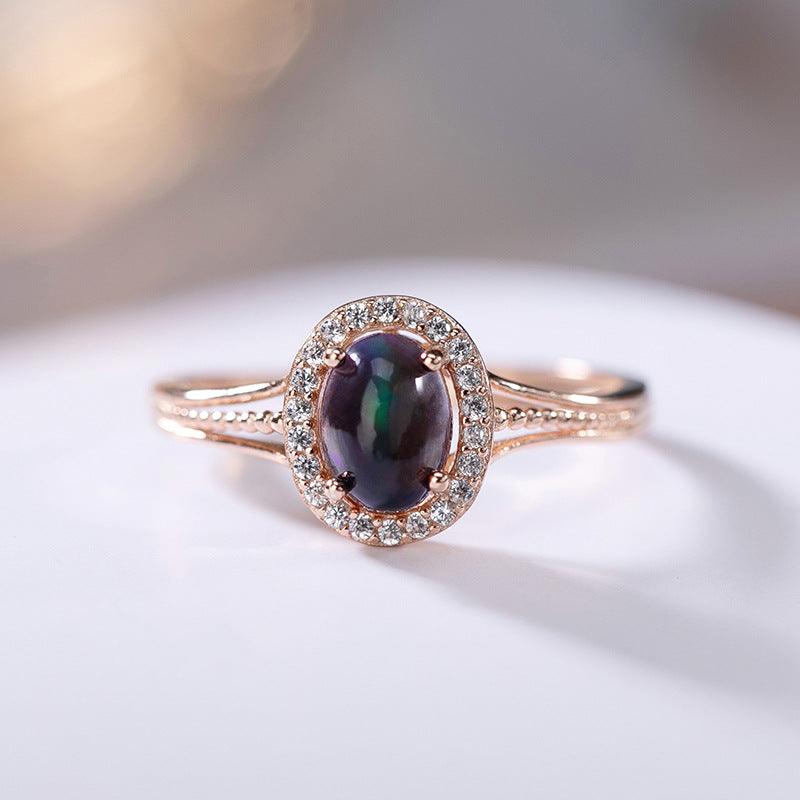 S925 Sterling Sølv Rose Guldbelagt Indlagt Naturlig Sort Opal Ring