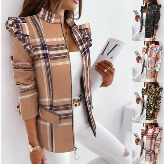 Women's Ruffled Long Sleeve Zipper Print Blazer