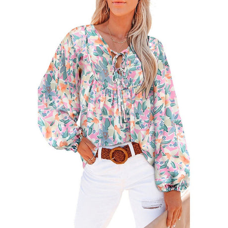 Women's New V-neck Casual Floral Lace-up Shirt Top