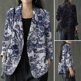 Women's Cotton Linen Print Pocket Blazer